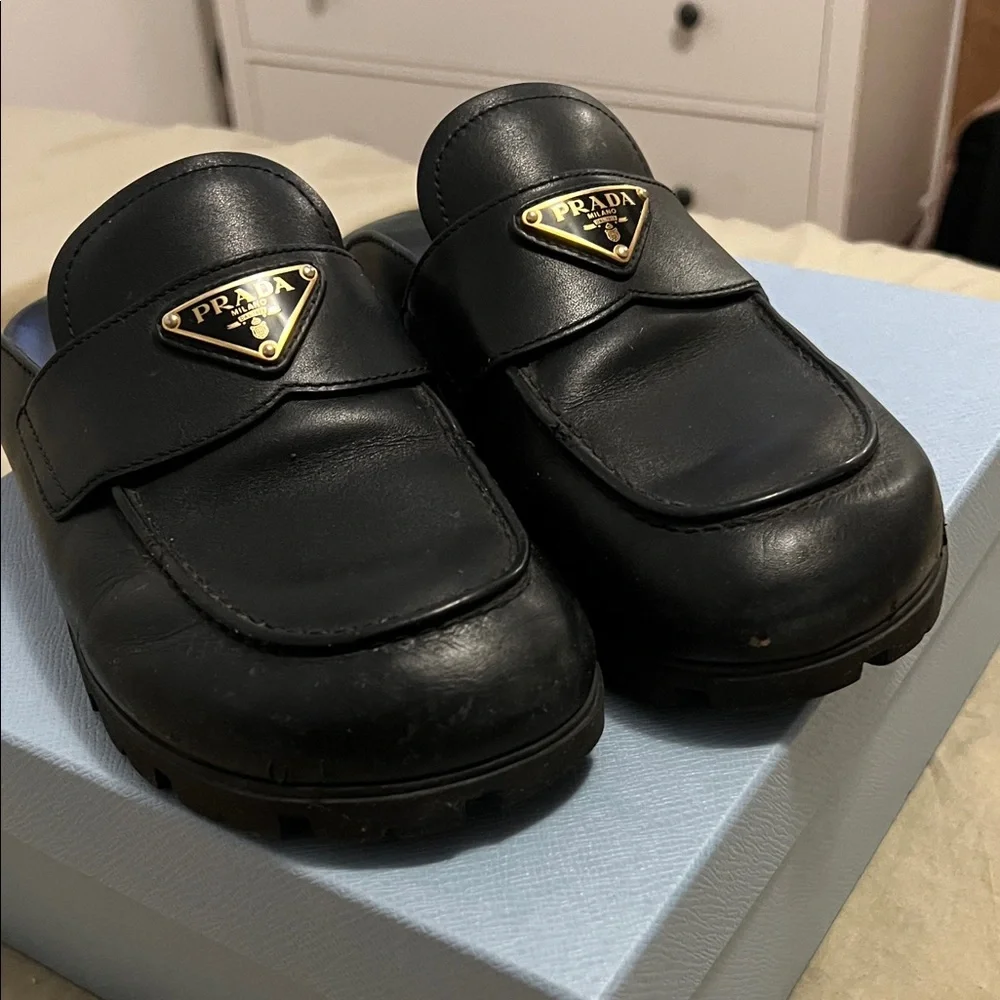 Prada Black Leather calzature donna vit sport Mules loafers 38.5 - Picture 3 of 9